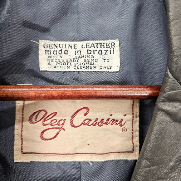 Vintage OLEG CASSINI Jacket Small Gray Genuine Leather Double Breasted 70s 20x29 - Picture 4 of 15